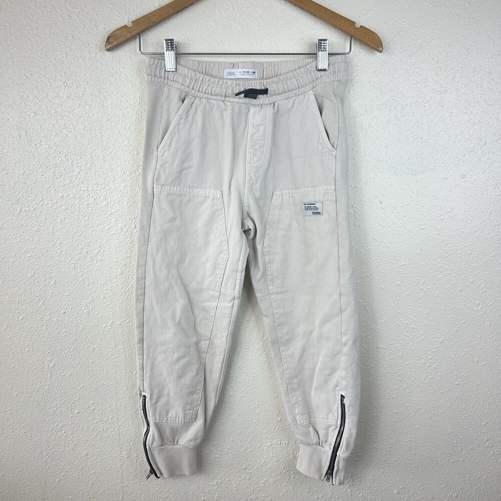 ZARA Boys Sweatpants Size 11-12 Beige Elastic Waistband Zipper Jogger Youth